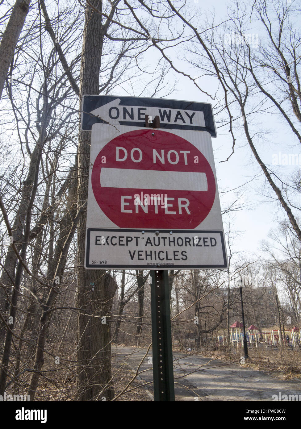 Do not enter sign on a road in Prospect Park, Brooklyn, NY. Stock Photo