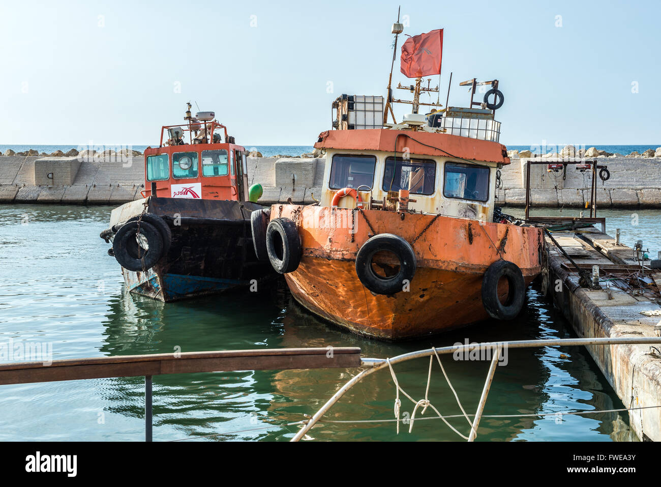 Fishing boats in Jaffa Port, oldest part of Tel Aviv city, Israel Stock Photo