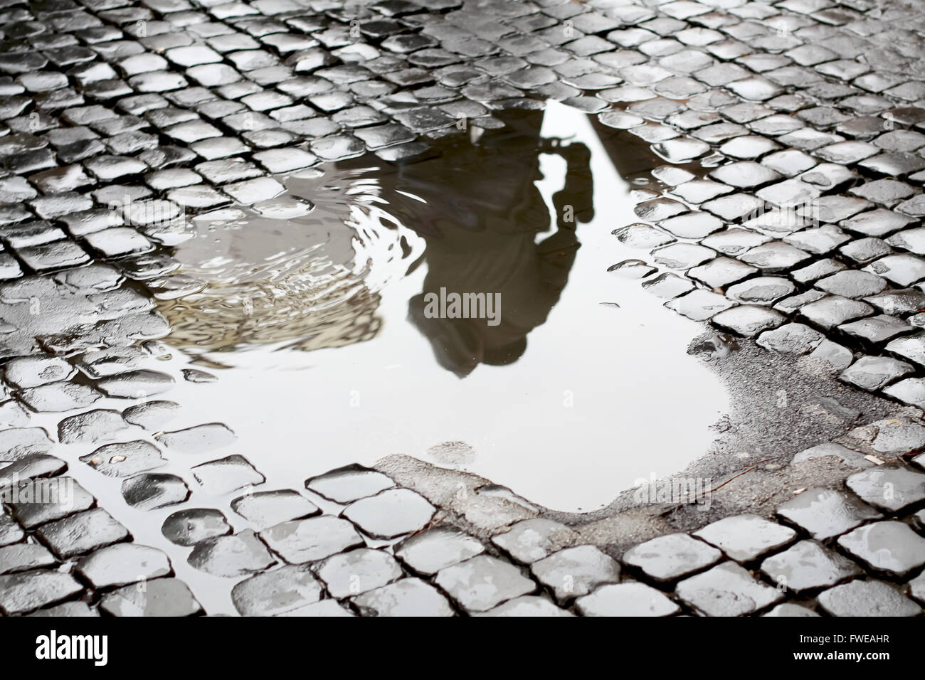 Biker reflection in a street puddle Stock Photo