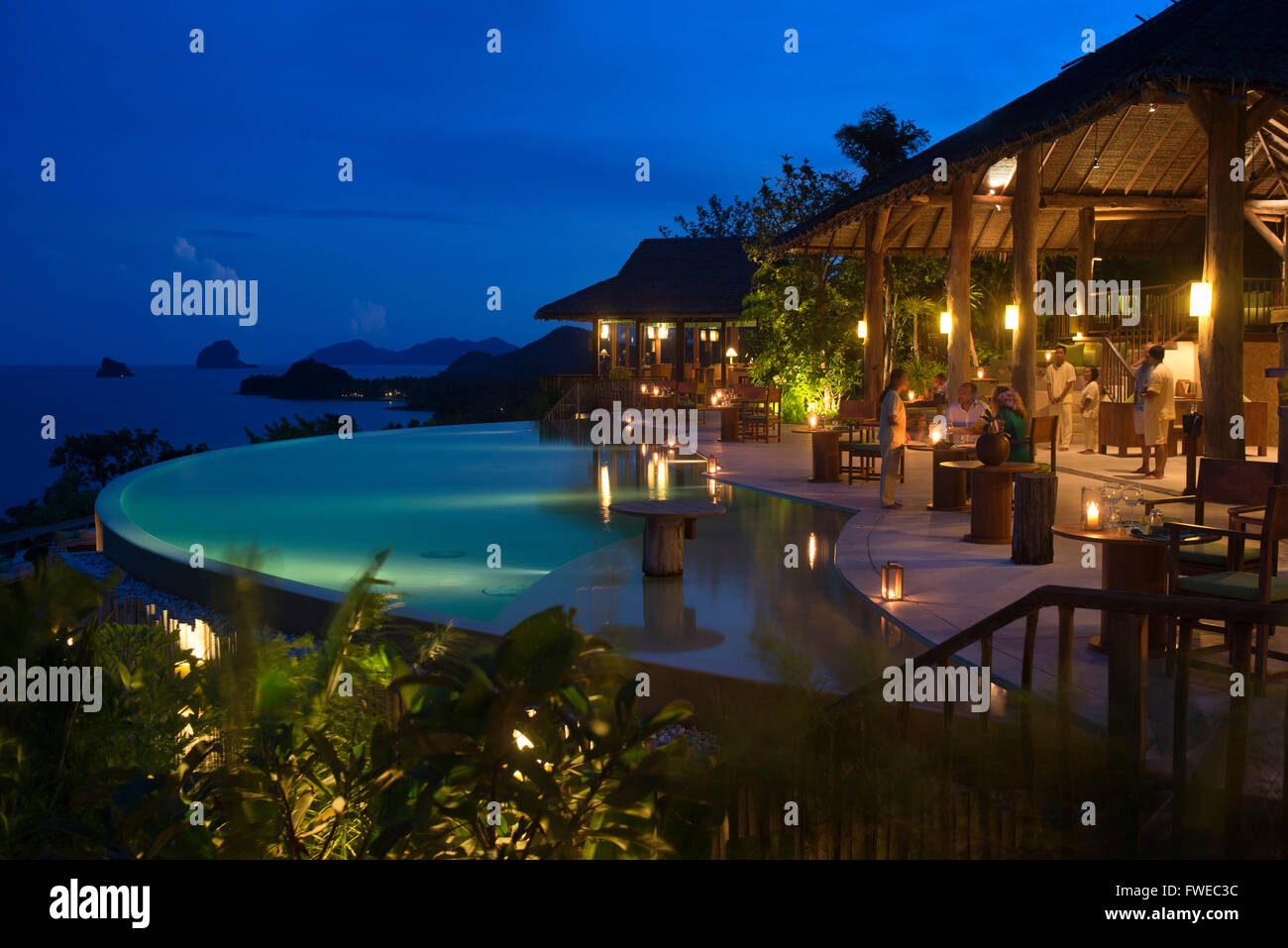 Six Senses Resort, Koh Yao Noi, Phang Nga Bay, Thailand, Asia. Restaurant near the swimming pool called The Hilltop Reserve in f Stock Photo
