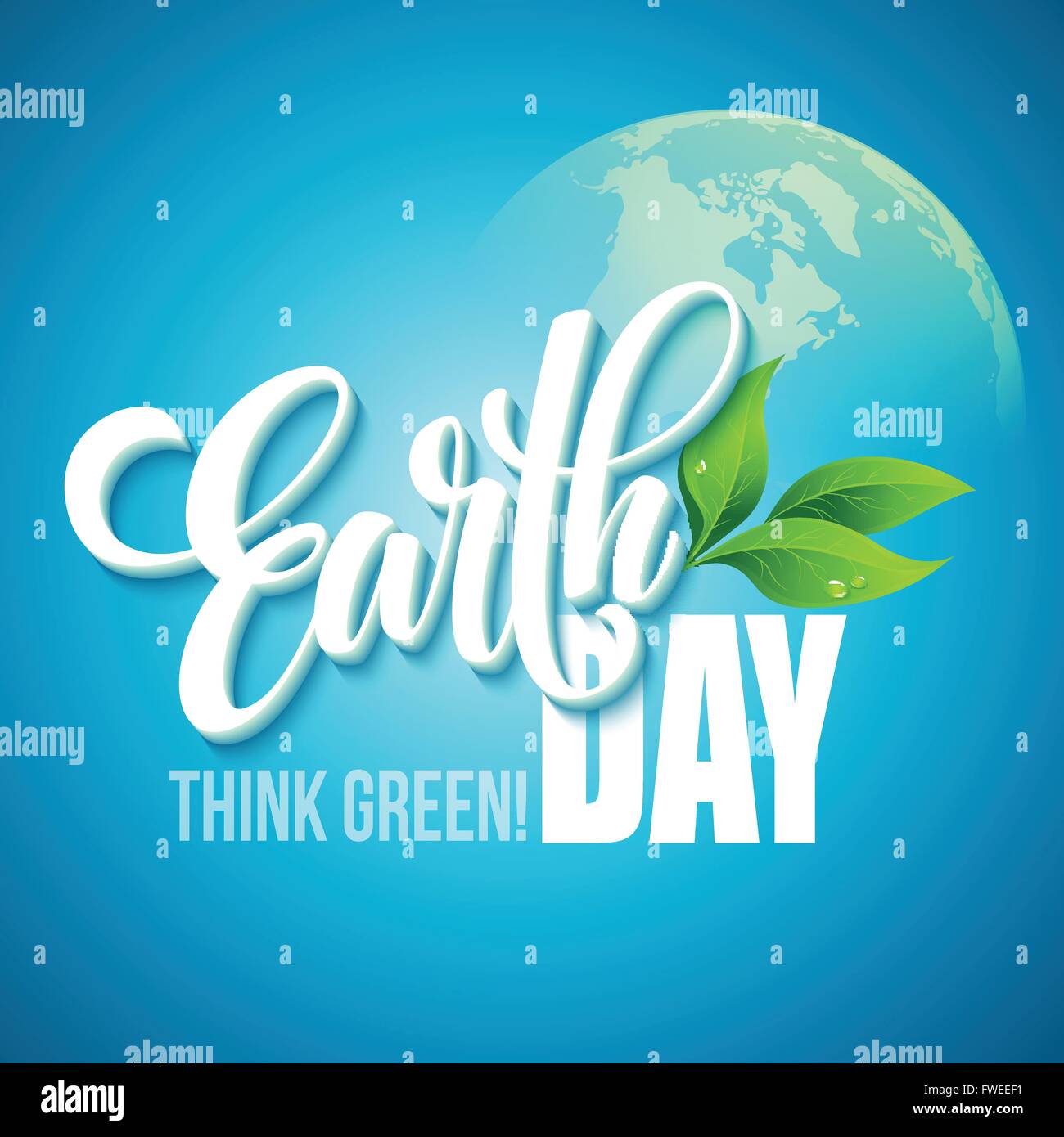 Earth Day poster. Vector illustration with the Earth day lettering, planets and green leaves Stock Vector