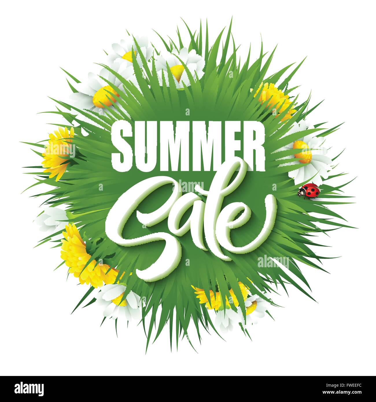 Summer sale  lettering background with summer green grass and flowers. Vector illustration Stock Vector