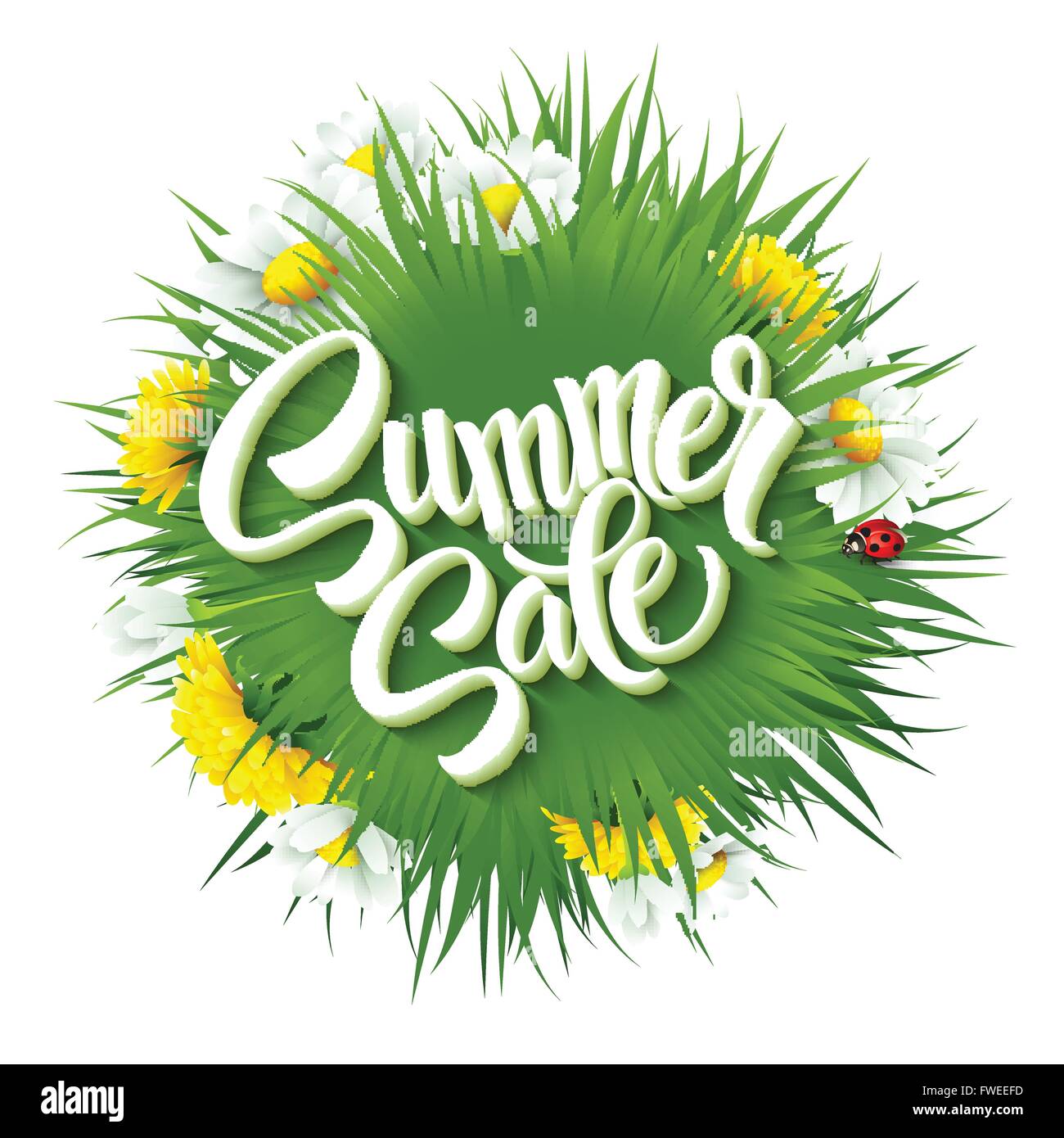 Summer sale  lettering background with summer green grass and flowers. Vector illustration Stock Vector