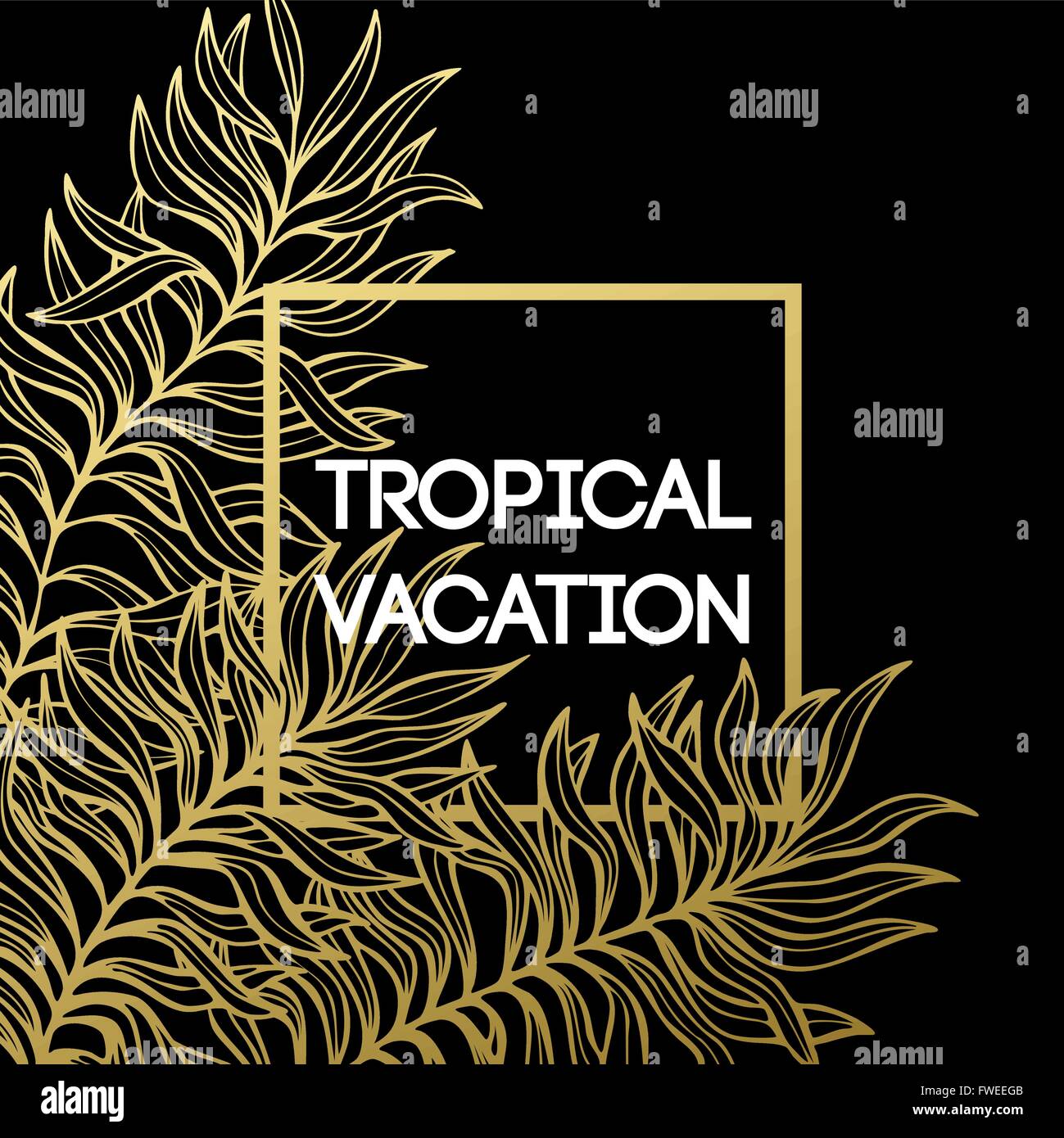 Summer tropical background of palm leaves and golden text and frame ...