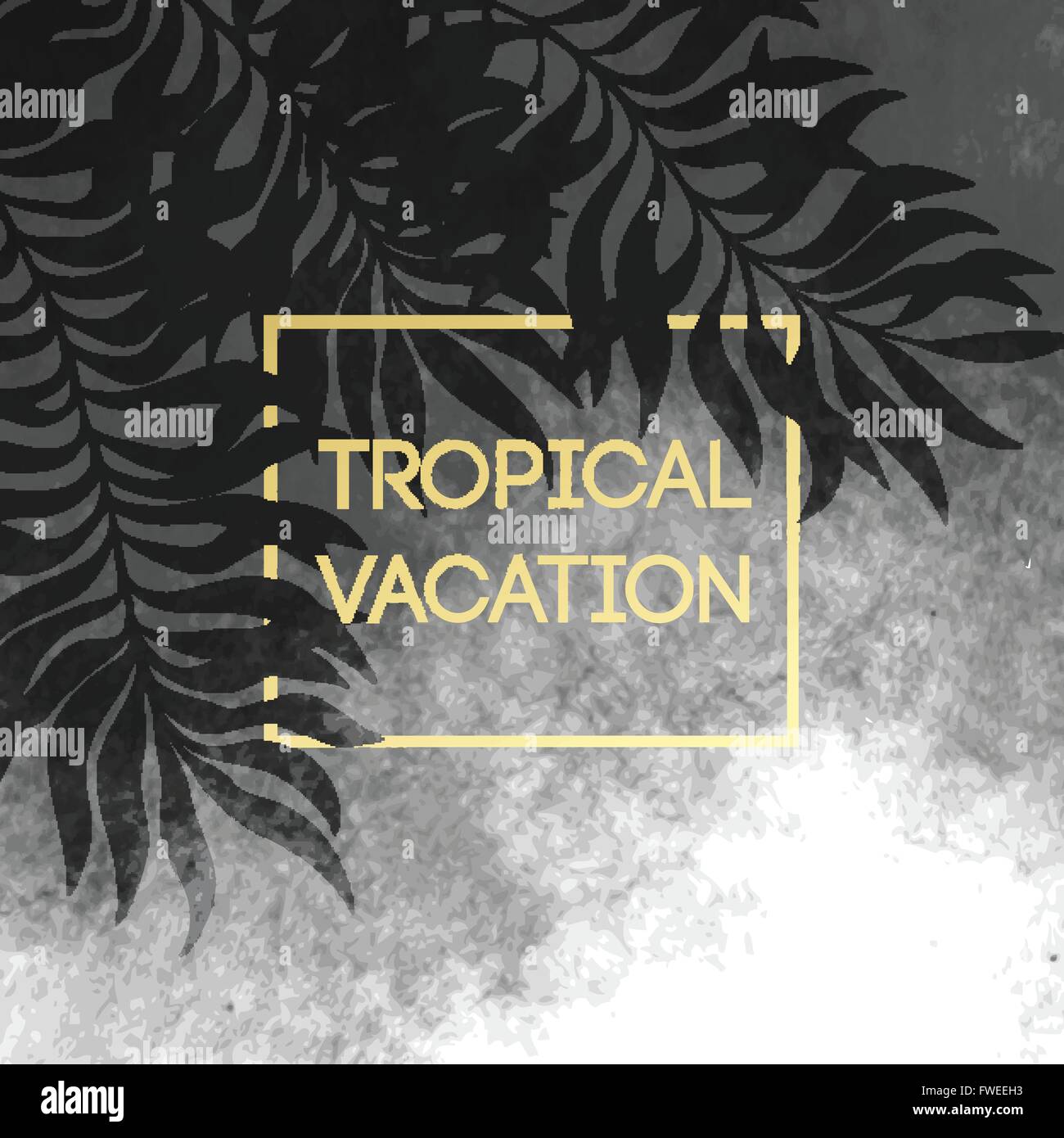 Summer tropical background of palm leaves and golden text and frame ...