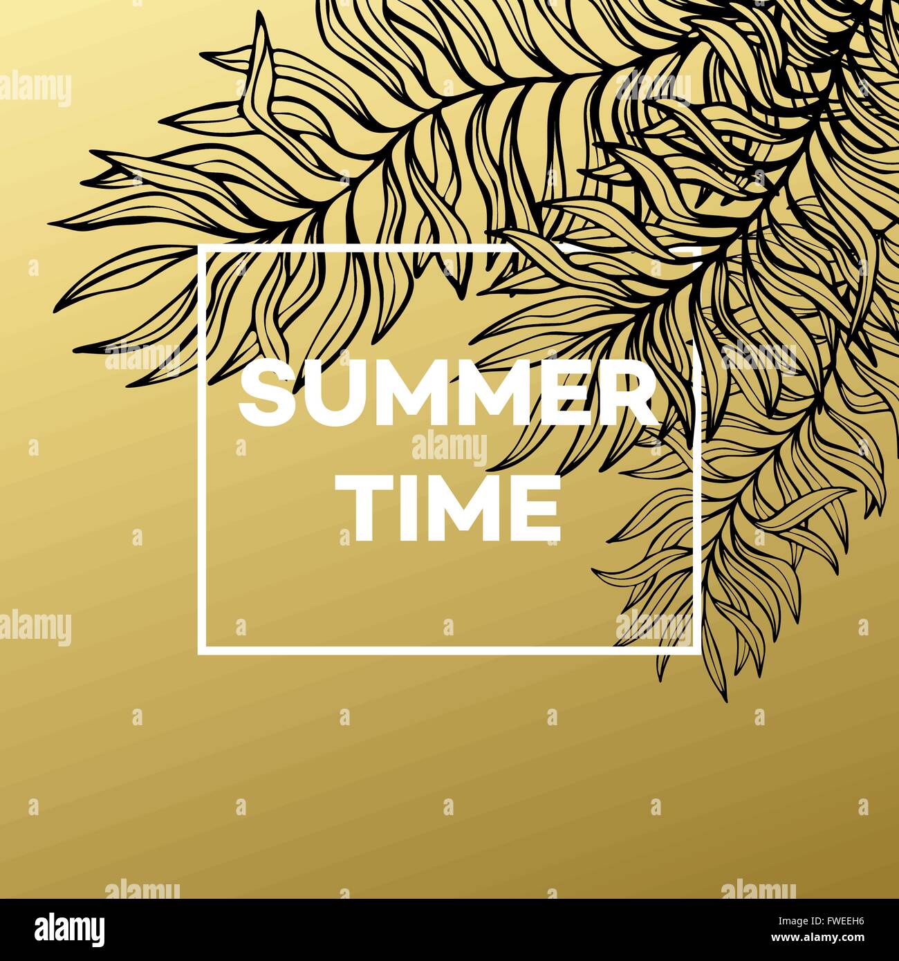 Summer tropical background of palm leaves and golden text and frame ...