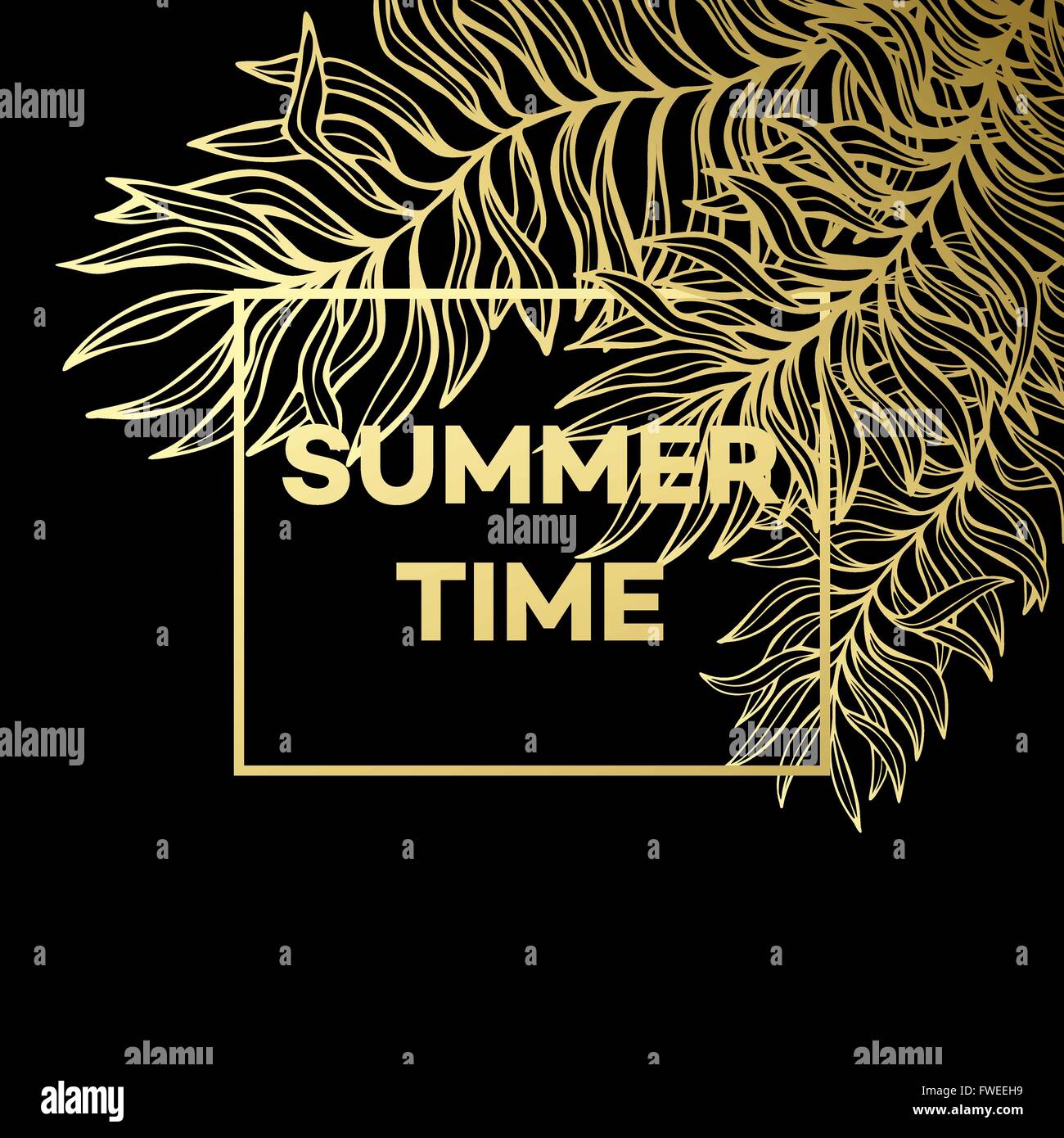 Summer tropical background of palm leaves and golden text and frame ...