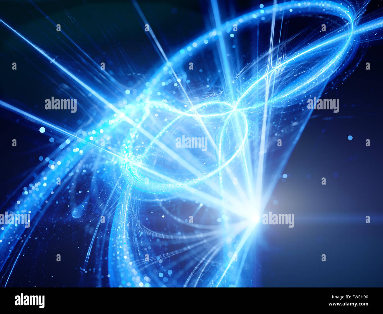 Blue glowing interstellar trajectories in space with light source, computer generated abstract background Stock Photo