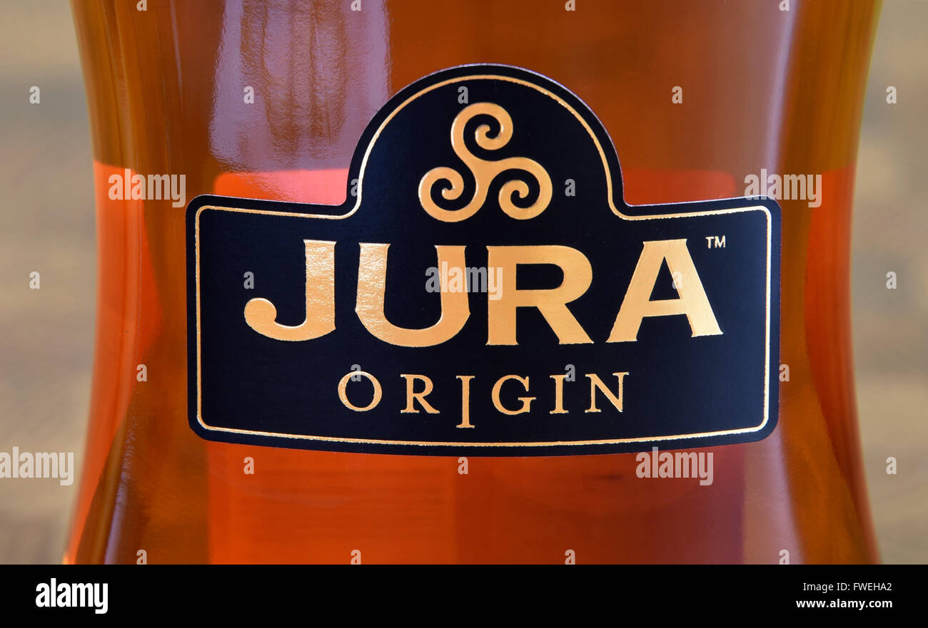 Label on bottle of Jura Scotch Whisky Stock Photo Alamy
