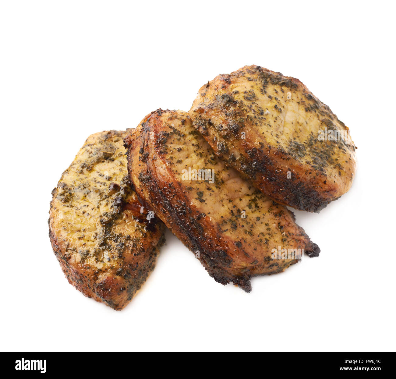 Three marinated beef slices isolated Stock Photo Alamy