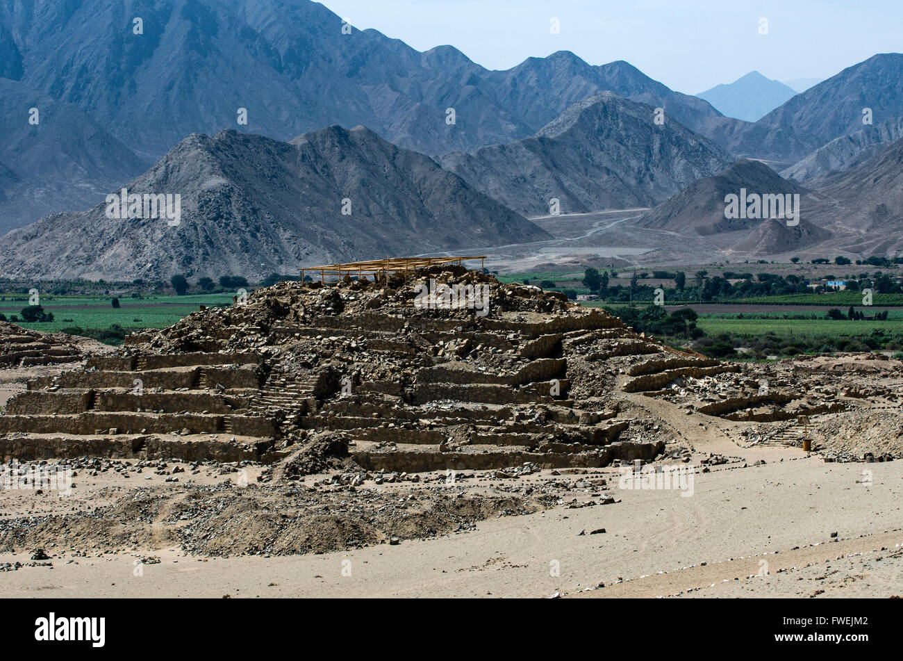 Archaeological zone of Caral ( 2600 BCE and 2000 BCE) . Supe valley. Peru. UNESCO World Heritage. Stock Photo