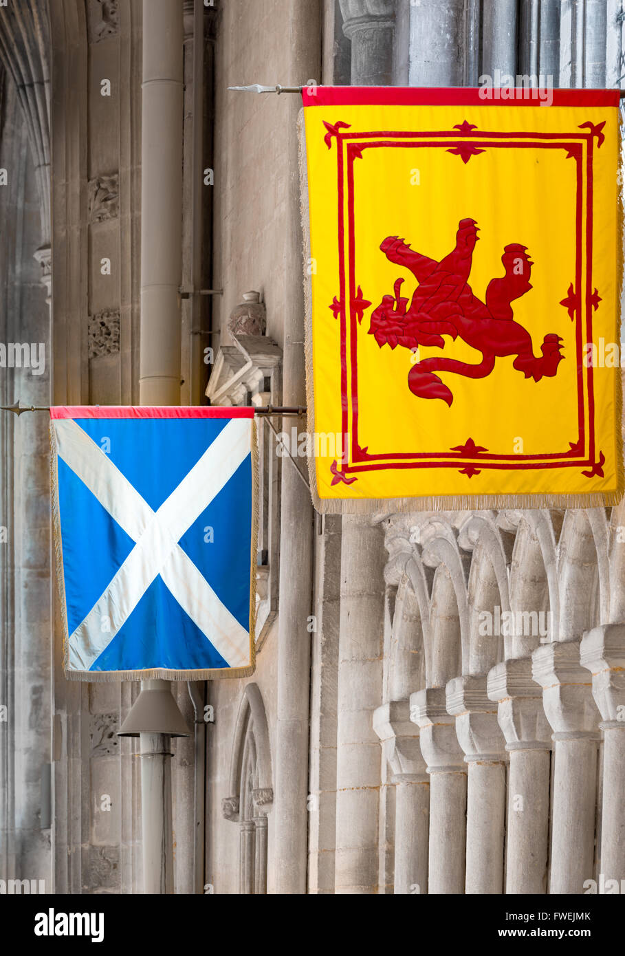 Flags next to the former tomb of Mary Stewart, queen of Scots (executed by Elizabeth I in 1587) at Peterborough cathedral. Stock Photo