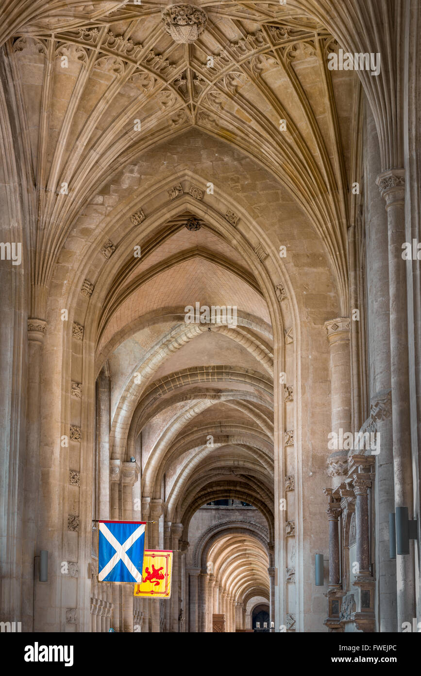 Scottish flags next to the former tomb of Mary Stewart, queen of Scots (executed by Elizabeth I in 1587) at Peterborough. Stock Photo