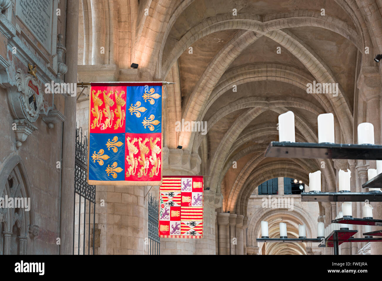 Royal flags (of England and Castile & Leon) above the tomb of Queen Catherine from Aragon, the first wife of king Henry VIII. Stock Photo