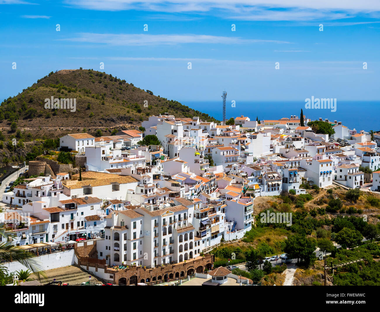 View of white houses in Frigiliana, Costa del Sol, Andalucía, Spain Stock Photo