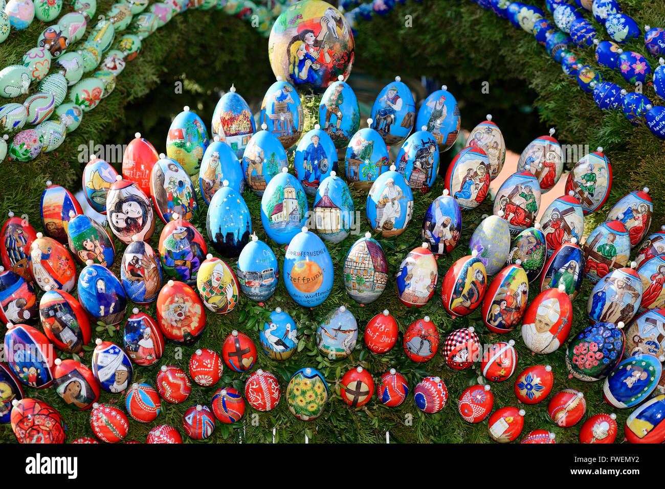 Painted Easter eggs on an Easter Well, Osterbrunnen, Schechingen, Baden-Württemberg, Germany Stock Photo
