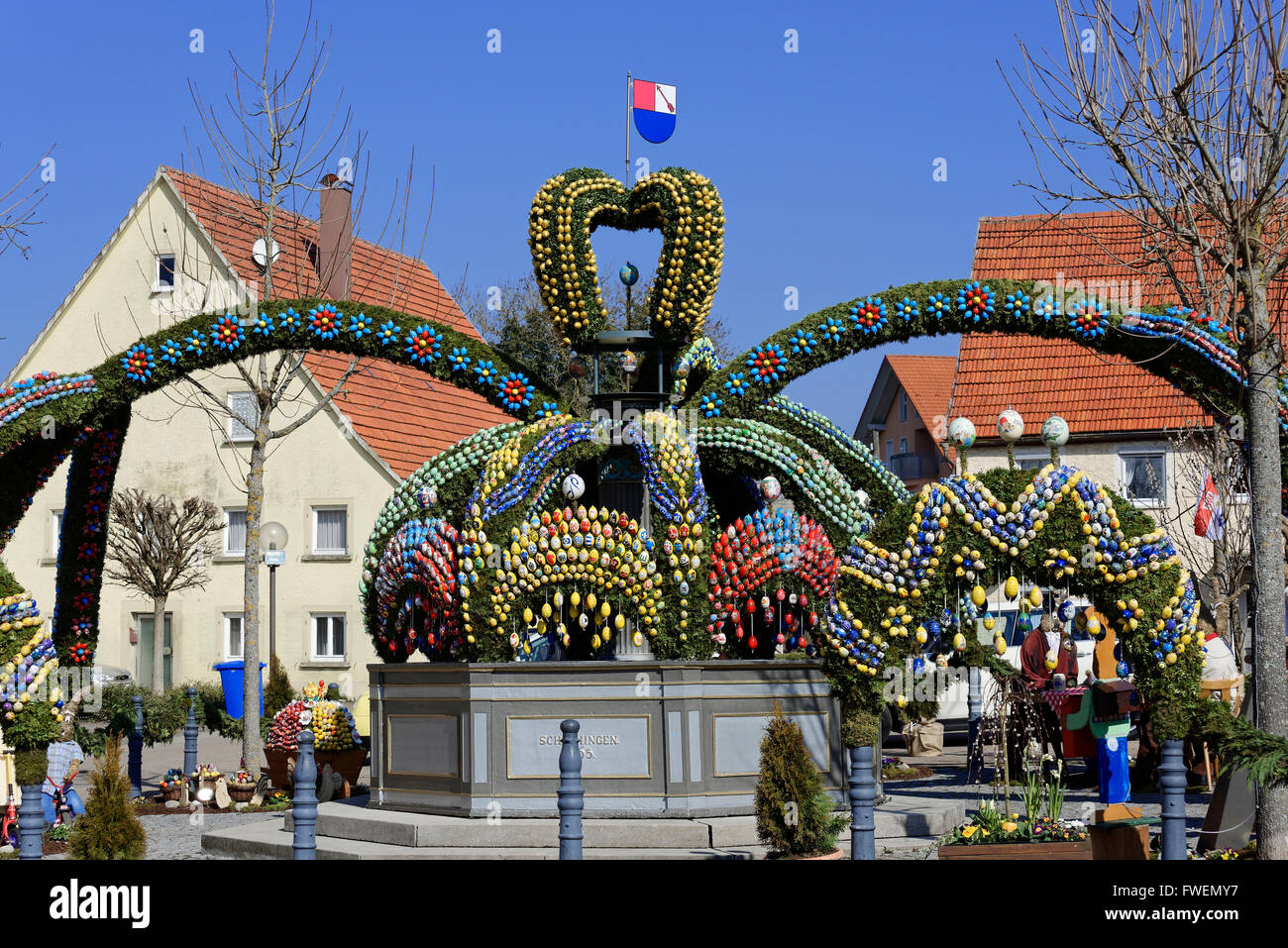 Easter well, Fountain decorated with easter eggs, Osterbrunnen, Schechingen, Baden-Württemberg, Germany Stock Photo