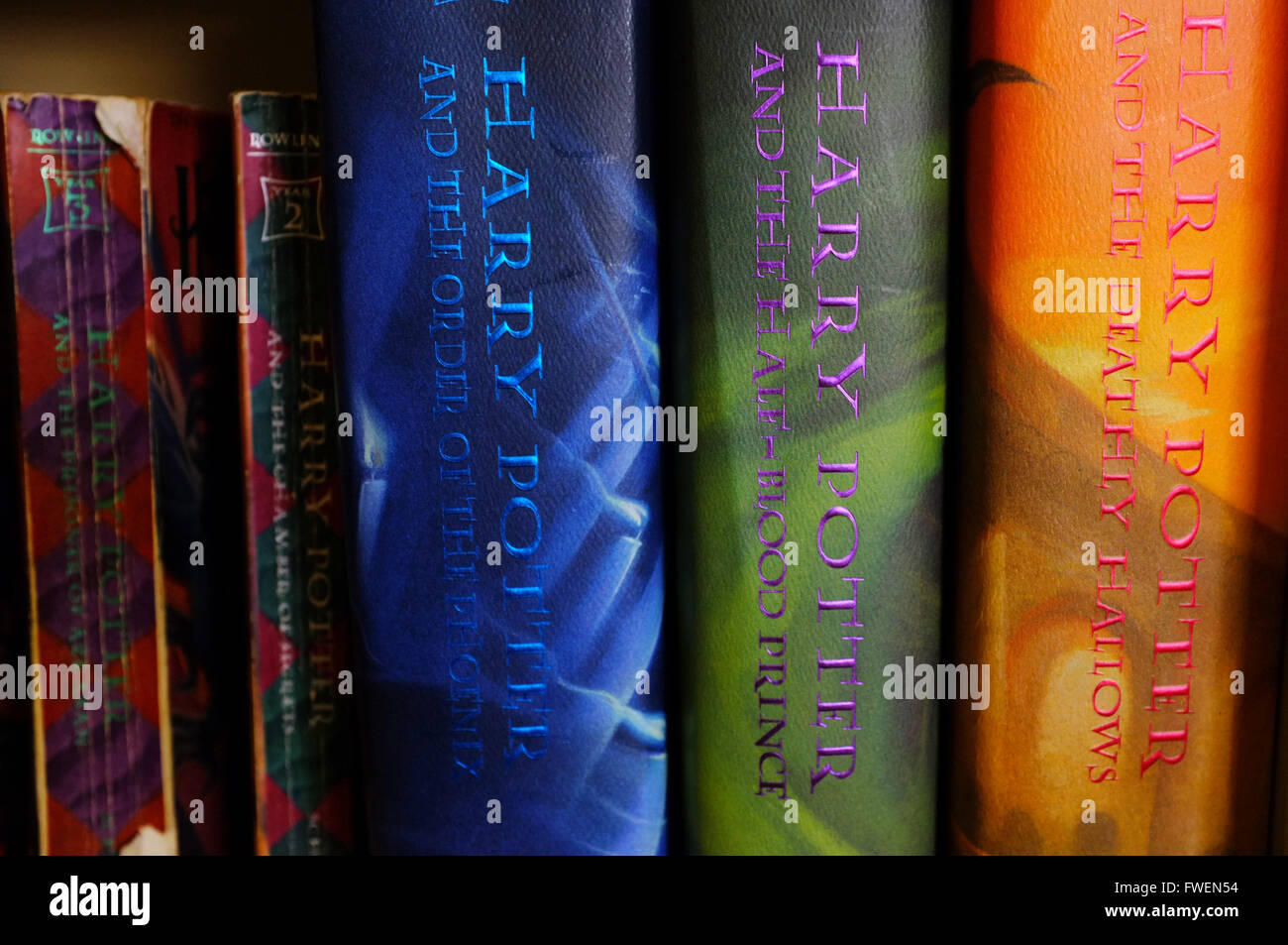 Harry potter books together on a bookshelf. Stock Photo