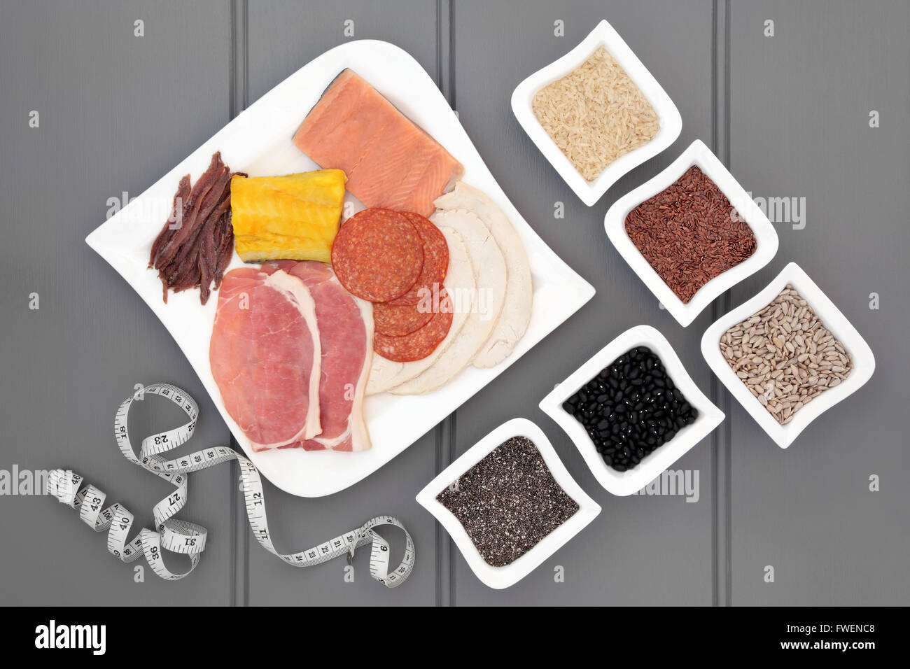 High protein health food diet of meat, fish, pulses, grains and seeds