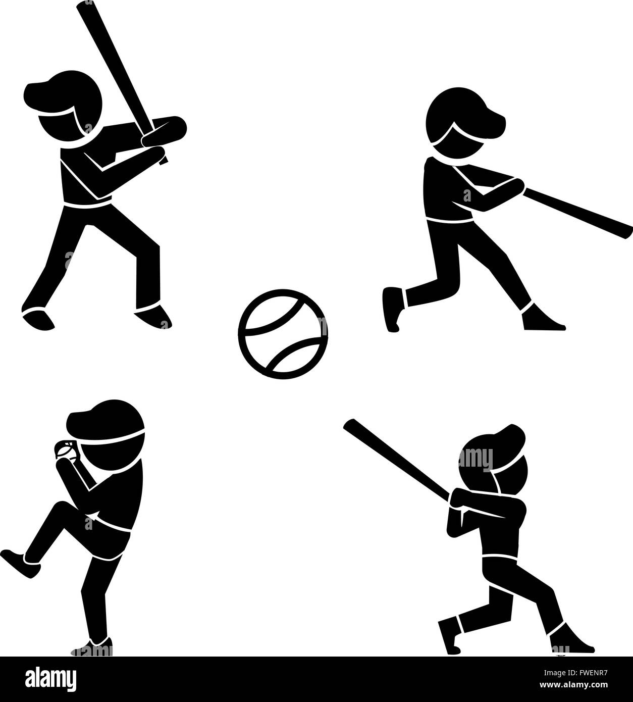 Set of baseball icons in silhouette style, vector icons Stock Vector