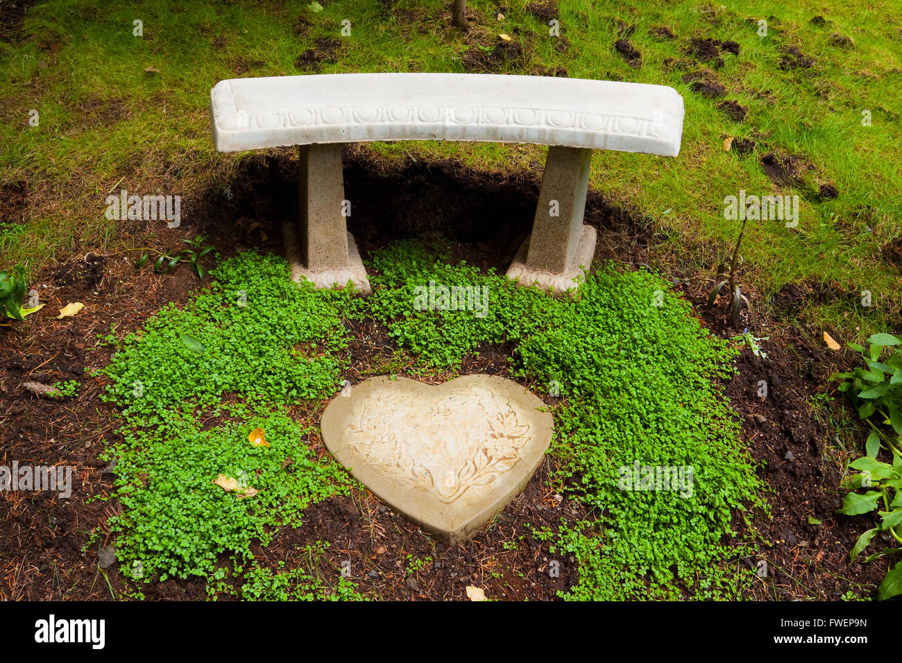A beautiful stone bench sits next to some green clover and a heart shaped  stone tile piece in a perfectly manicured garden in Or Stock Photo - Alamy
