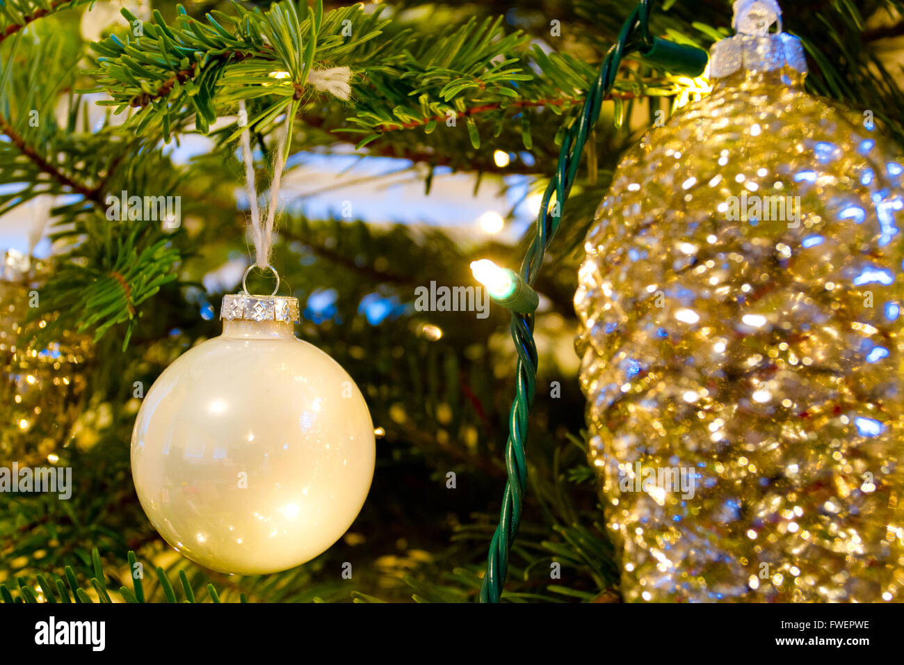 Elegant beautiful Christmas tree ornaments hang from this fir with