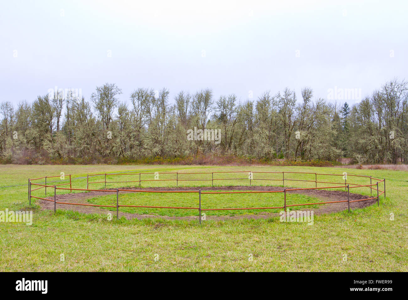 A horse training circle corral outdoors on teh grass at an equestrian center. Stock Photo