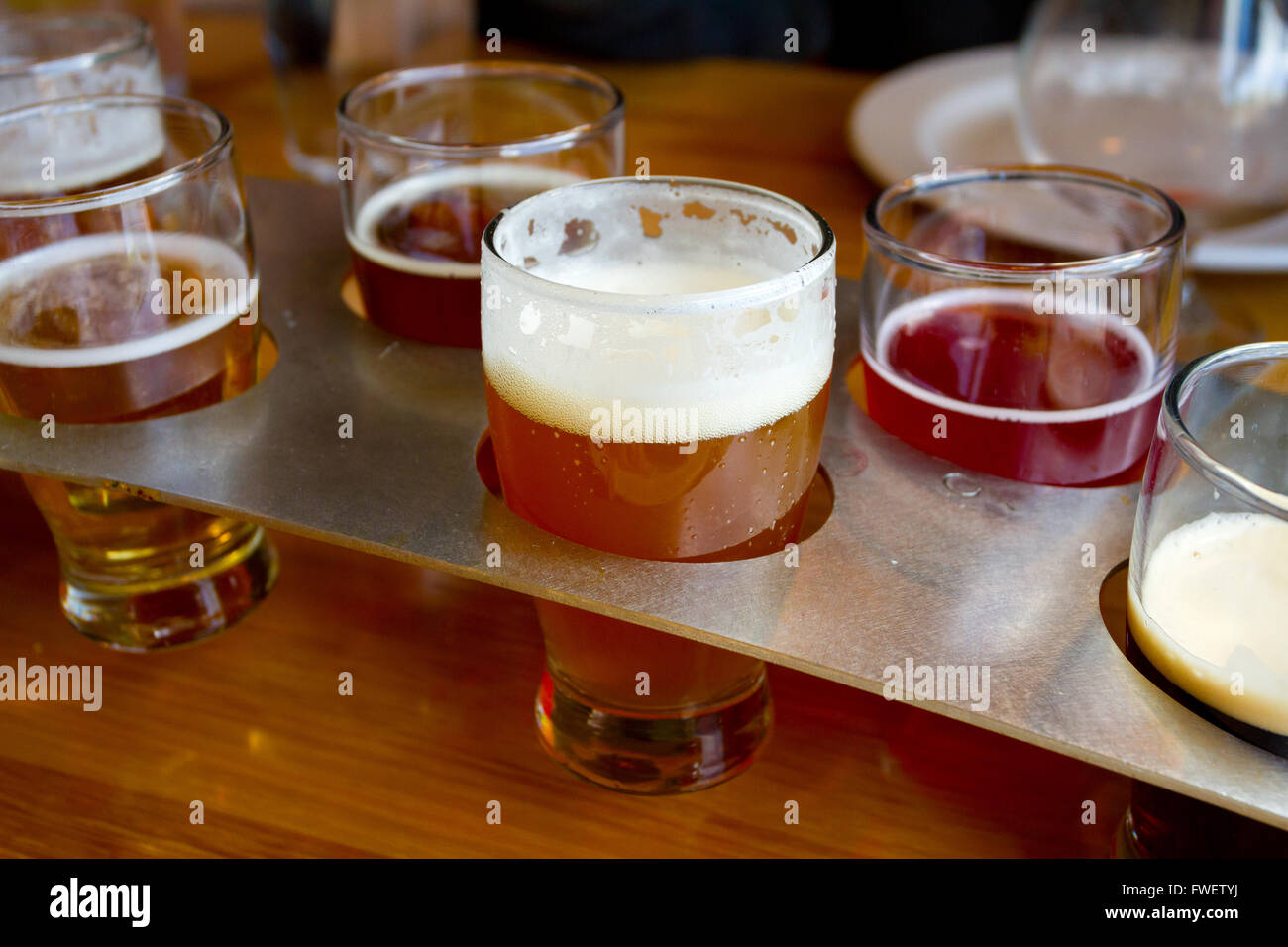These craft microbrew beers are in a sampler tray at a brewery in Oregon. Stock Photo