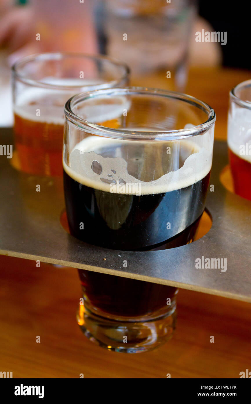 These craft microbrew beers are in a sampler tray at a brewery in Oregon. Stock Photo