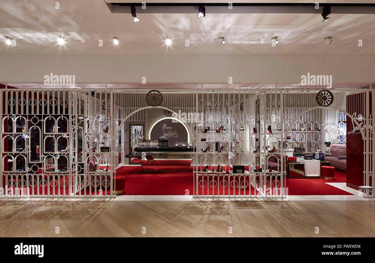 Christian Louboutin concession Selfridges in Manchester. Selfridges Manchester, Manchester, United Kingdom. Architect Stock Photo -