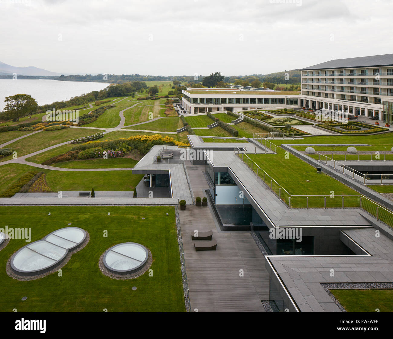 Terraced and landscaped spa and hotel park with lake Leane. The Europe