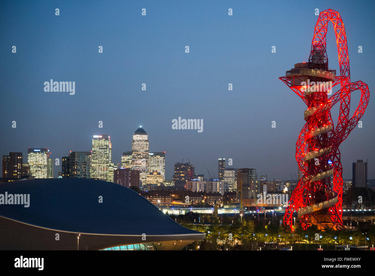 The Arcelormittal Orbit Tower in Queen Elizabeth Olympic Park at dusk, Stratford city, London, United Kingdom, Europe Stock Photo