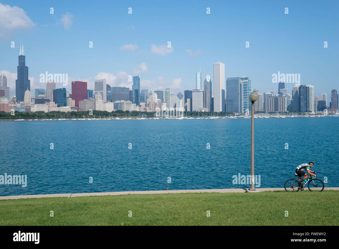 Chicago skyline from the Planetarium, Lake Michigan, Illinois, United States of America, North America Stock Photo