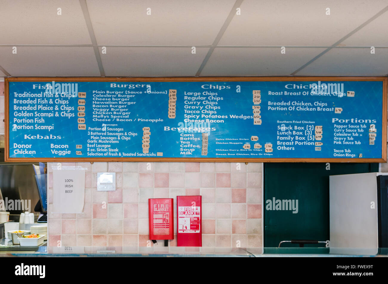 Menu in a fast-food cafe, Ireland. Stock Photo