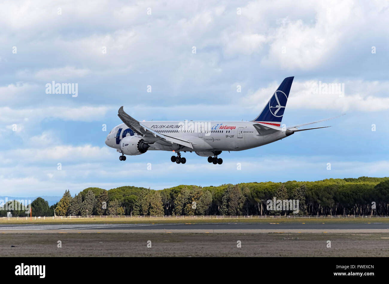 Passenger jet aircraft -Boeing 787-8 Dreamliner-, of LOT Polish Airlines, is landing over runway, in Madrid airport. Photo 2/4 Stock Photo
