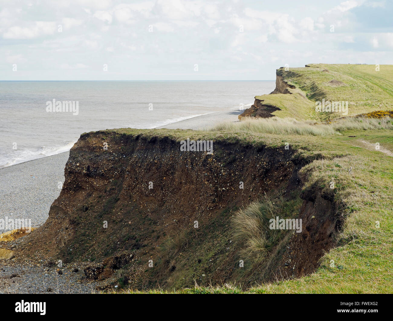 Marine erosion of soft boulder clay cliffs near Weybourne, Norfolk showing stratification, failure of slope face & slumping Stock Photo