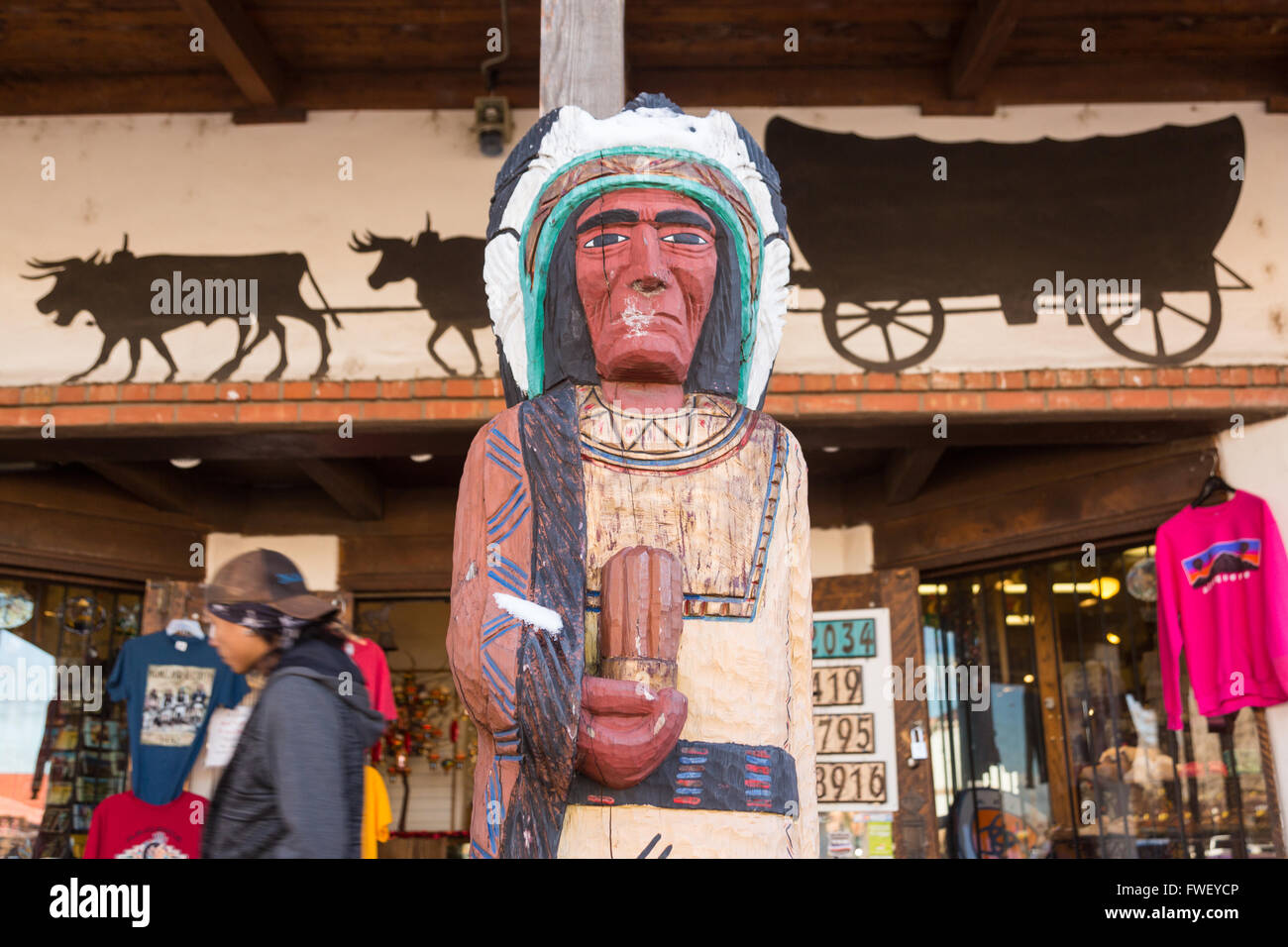 Indian Trading Post with carved wooden Indian Chief sculpture in the