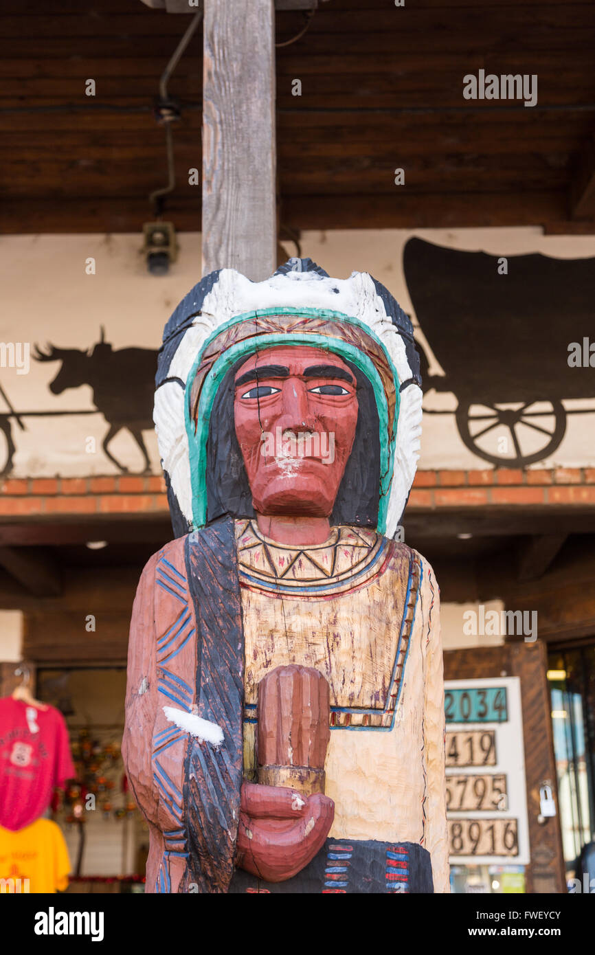 Indian Trading Post with carved wooden Indian Chief sculpture in the