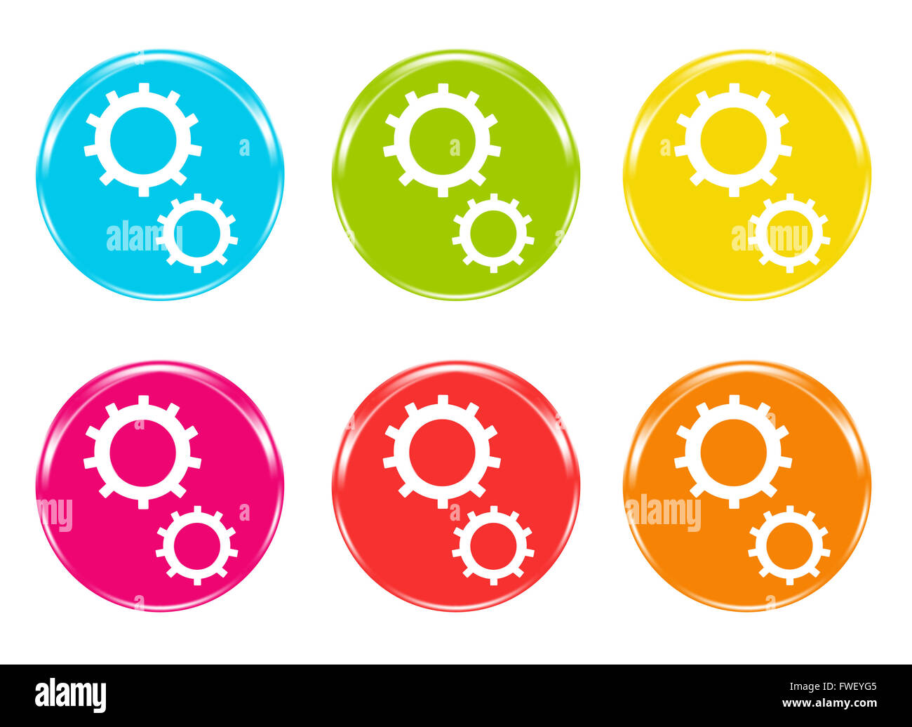 Icons of gears in blue, green, yellow, pink, red and orange colors ...