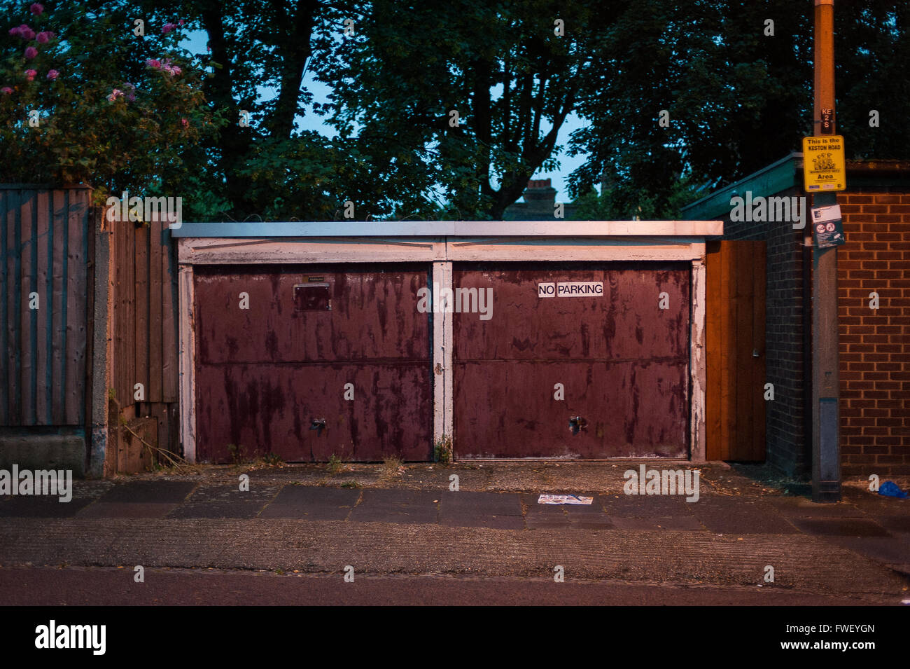 Suburban garage, evening, Tottenham, London, UK Stock Photo