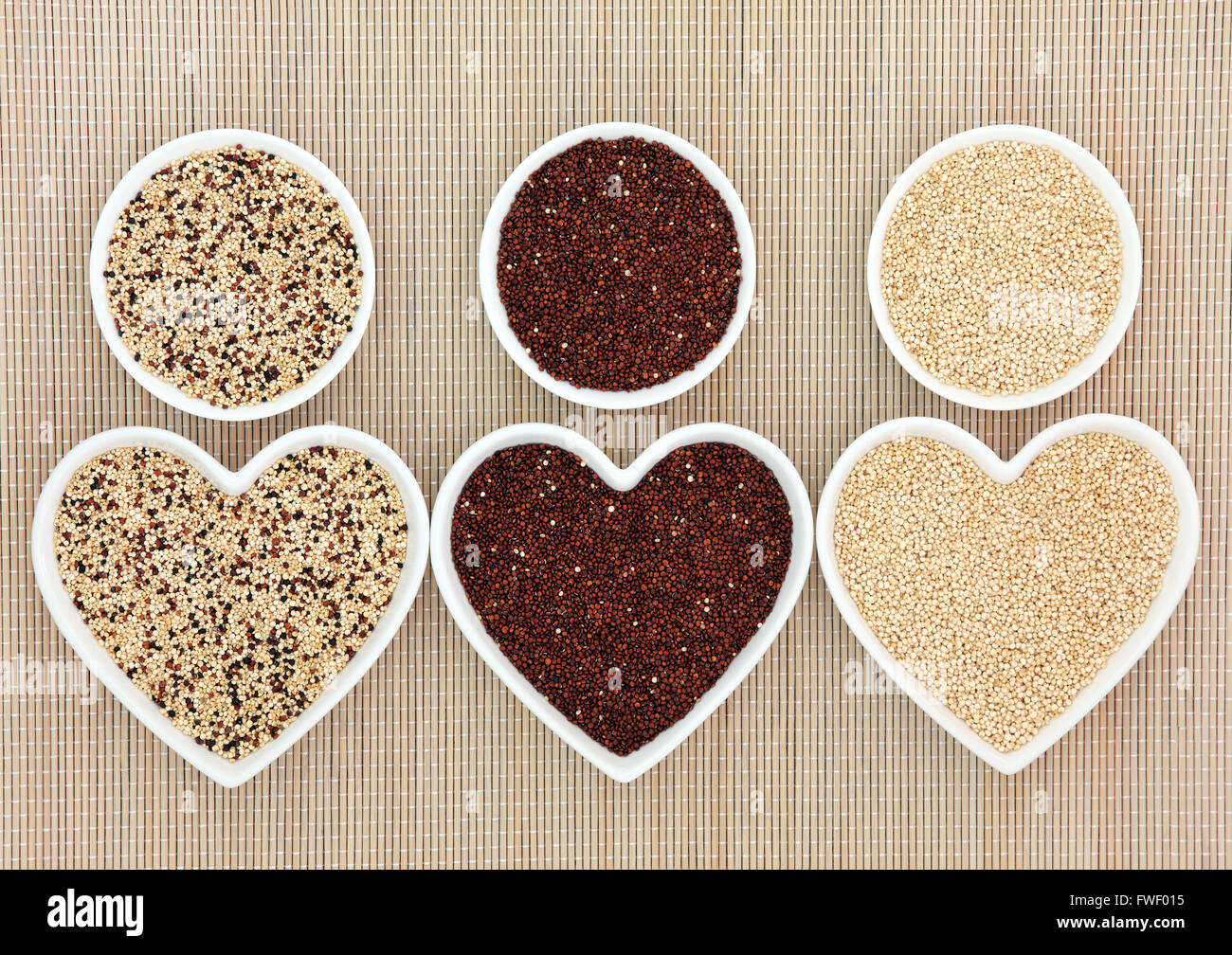 Quinoa health and super food varieties in heart and round shaped