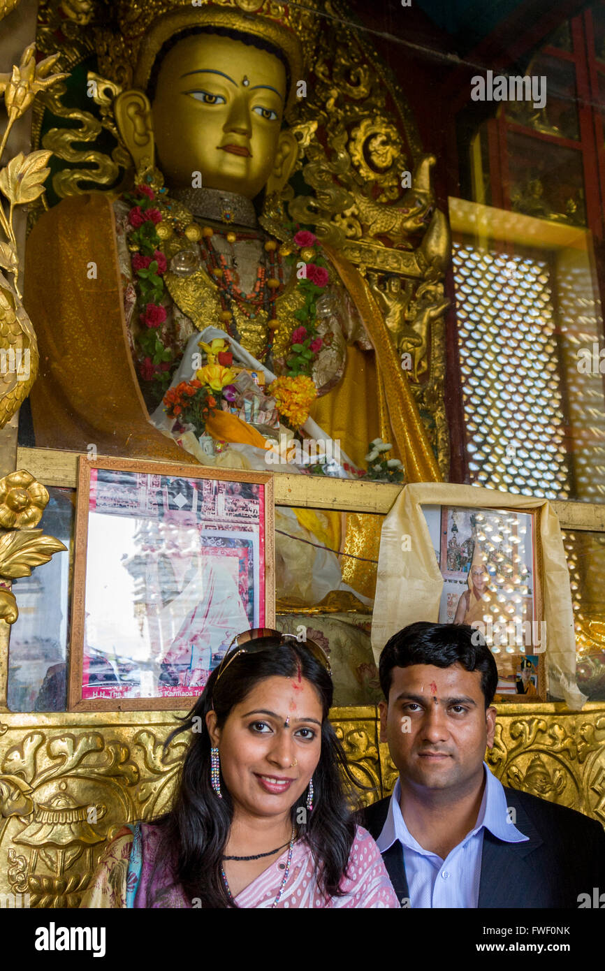 Nepal, Kathmandu, Swayambhunath.  Newly-Married Couple Visiting a Buddhist Shrine. Stock Photo