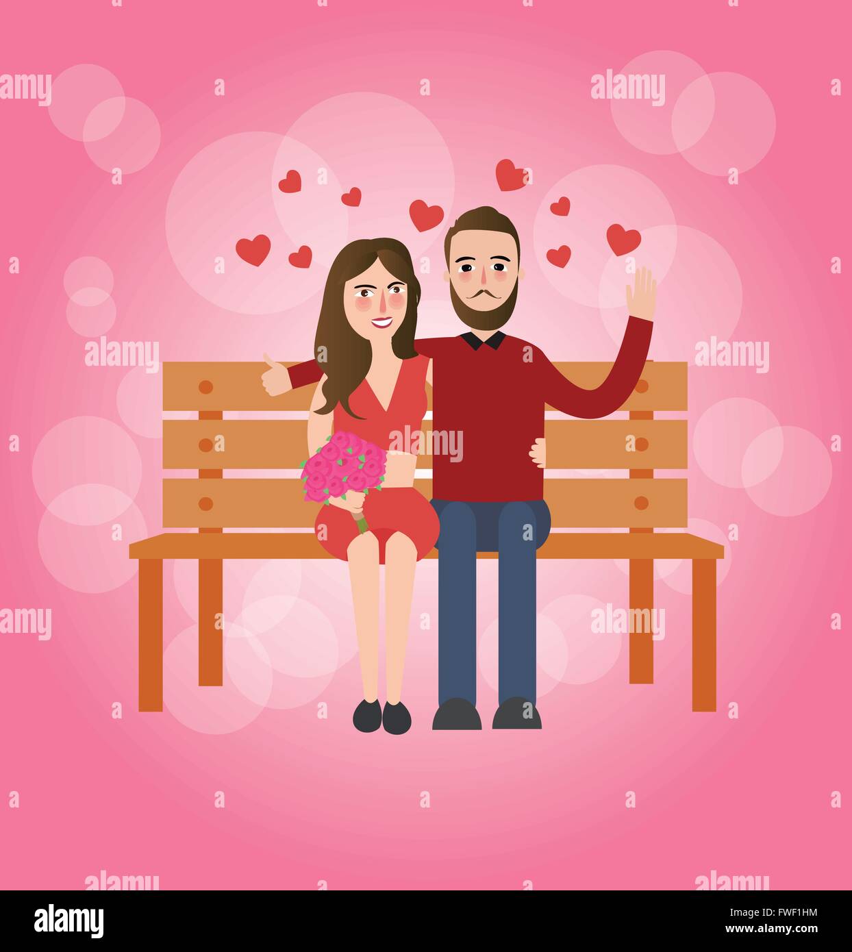 couple sitting at bench fall in love pink background romantic moment