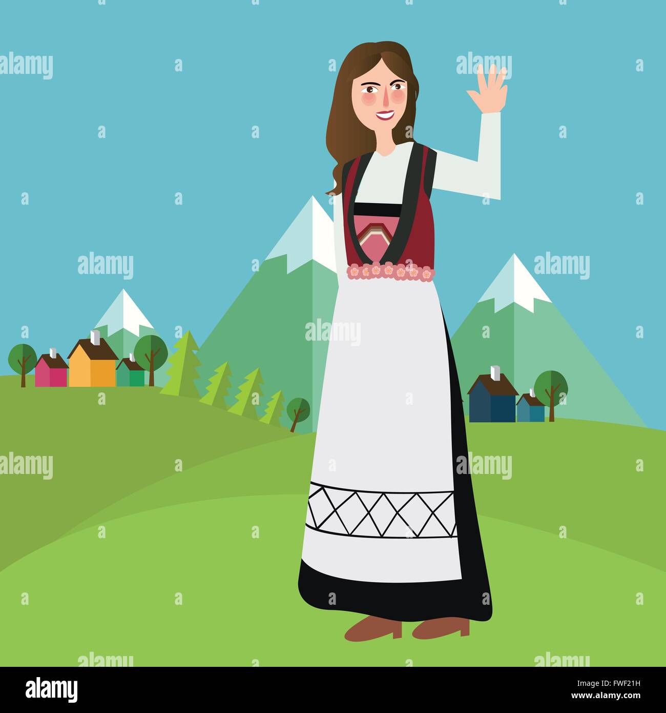 Norwegian Norway Iceland Sweden girls wearing traditional clothes in front of mountain landscape Stock Vector