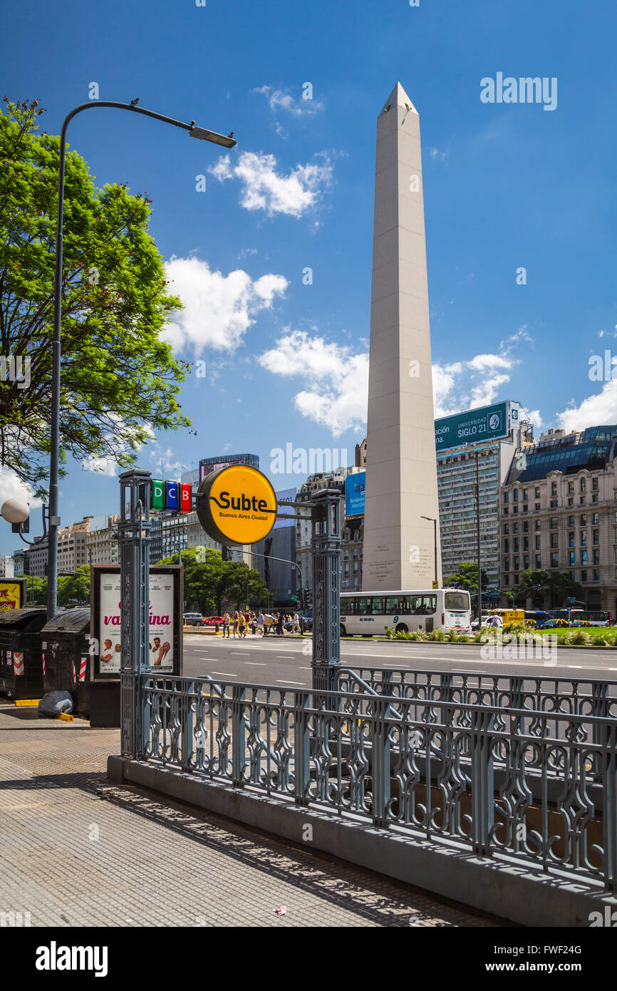 The Obelisk and subway station entrance at the Plaza Republica in Buenos Aires, Argentina, South America. Stock Photo