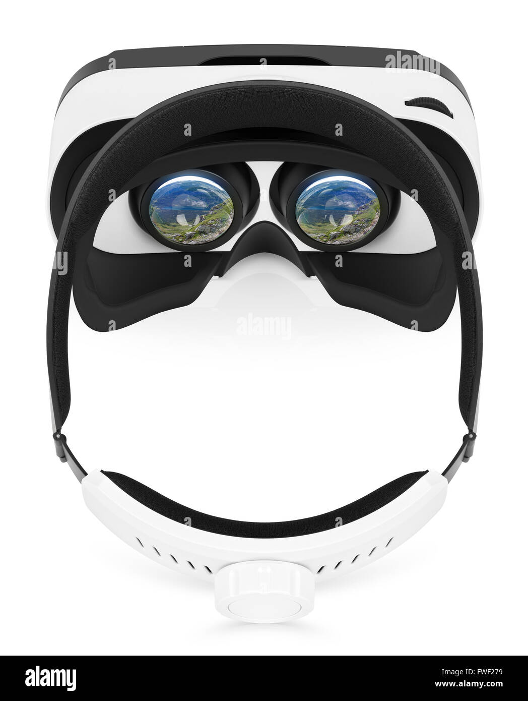 Top view of VR virtual reality headset with turns-on displays. VR is a computer technology. Stock Photo