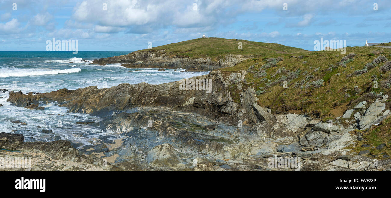 A panoramic view of Little Fistral at low tide in Newquay, Cornwall. Stock Photo