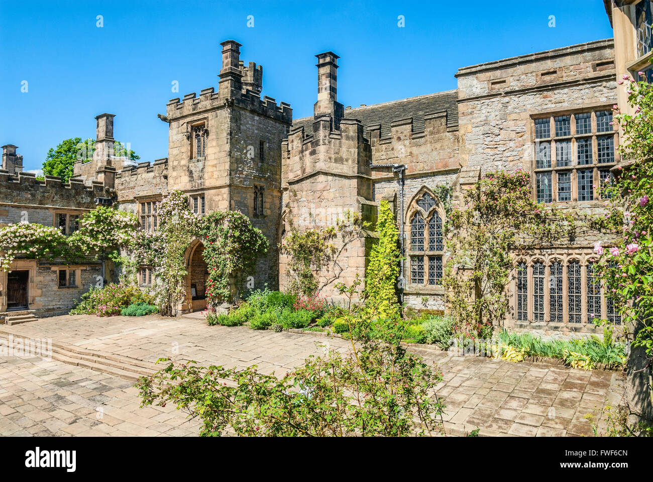 Norman Castle Haddon Hall near Bakewell, Midlands, England Stock Photo