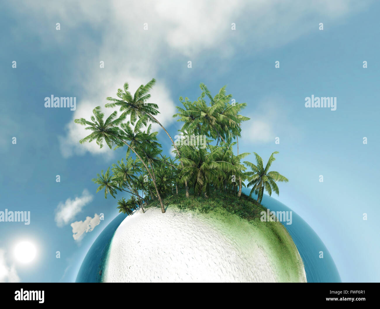 small planet, ocean, tropical island, palm trees 3D illustration Stock ...