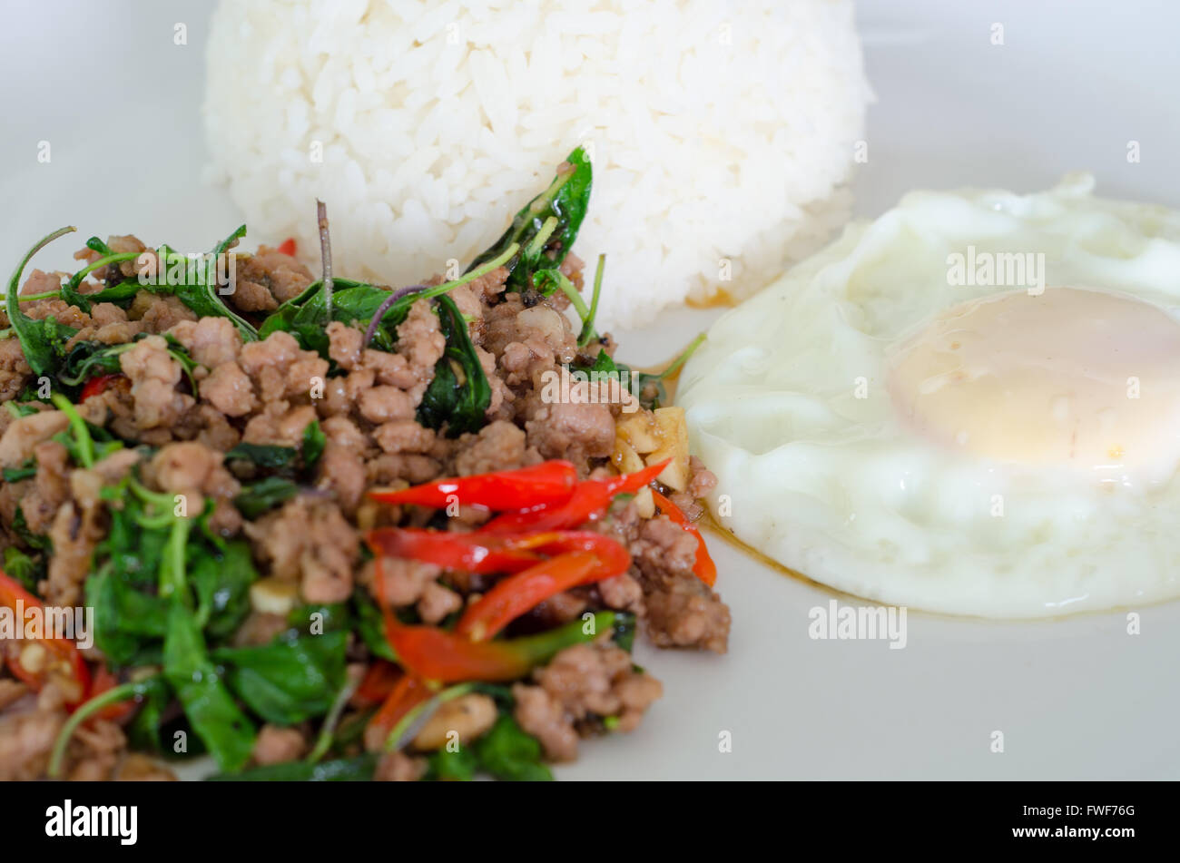 Rice with stir fried hot and spicy pork with basil Stock Photo